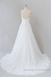 Long A-line Spaghetti Strap Applique Tulle Backless Wedding Dresses